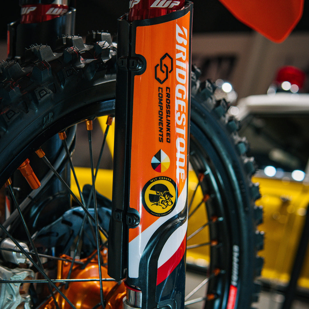 Full Wrap Fork Guards installed on KTM 300 XC-W — 360-degree lower fork protection