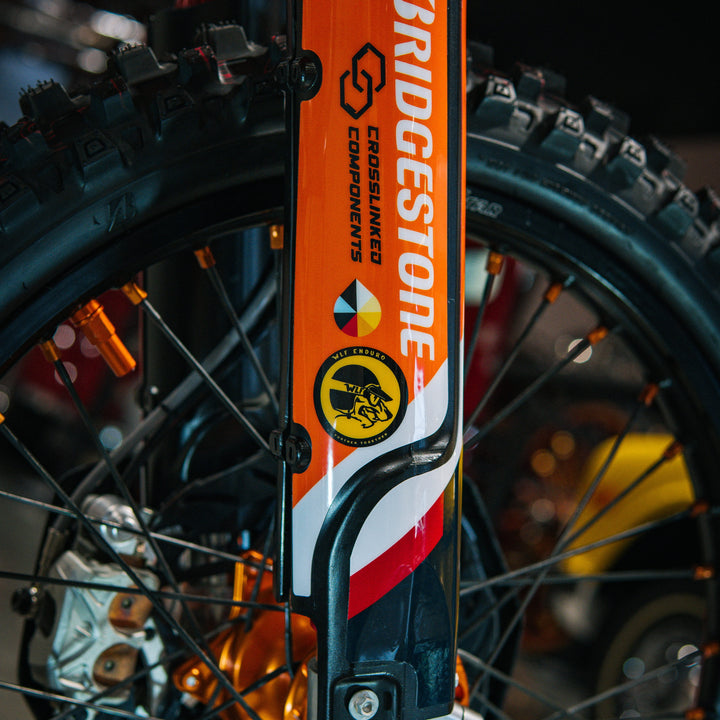 Full Wrap Fork Guards on KTM 300 XC-W — square crop close-up